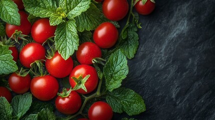 Fresh red cherry tomatoes on a dark slate background