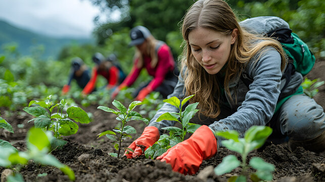 Volunteers planting saplings in a field.