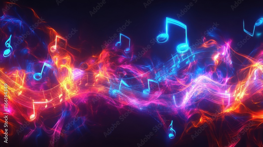 Leinwandbilder Flowing musical staff with glowing neon tones creating a vibrant and dynamic visual experience. Generative AI