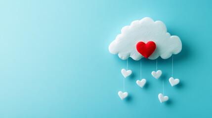 Whimsical cloud raining fluffy hearts on a tranquil blue backdrop