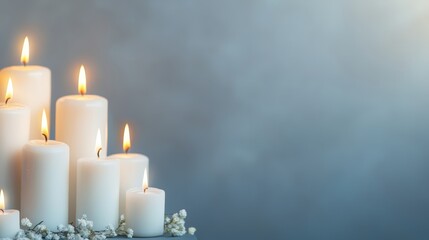 Soft Glow of White Candles with Gentle Flames and Delicate Floral Accents on a Light Background