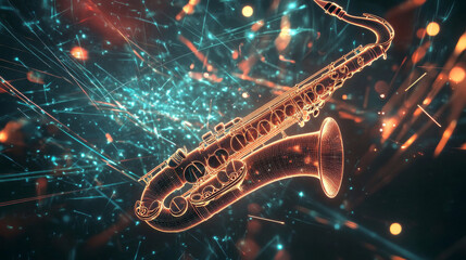 Obraz premium Saxophonist hologram. Digital and technological saxophone background. The futuristic design of the saxophone