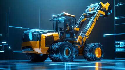 Telescopic loader hologram. Digital and technological background telescopic loader. Futuristic design telehandler