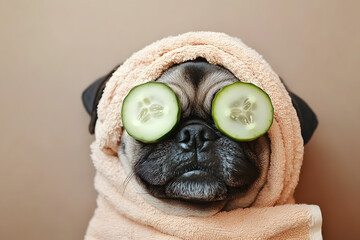 Pug relaxes at spa day with cucumber slices over eyes during pampering session