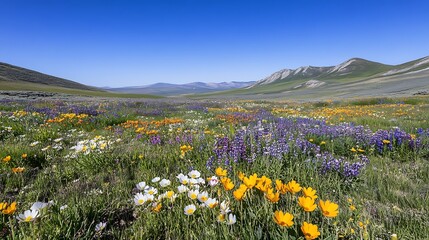 Fototapeta premium Wildflower Meadow Blooms Beneath Mountain Vista