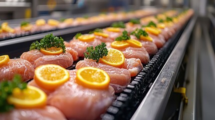 Fresh fish fillets garnished with orange slices and parsley.