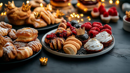 Festliche Dessertauswahl mit Beeren und dekorativen Elementen

