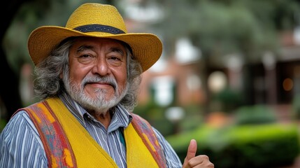 Fototapeta premium Smiling man in a yellow hat giving a thumbs-up outdoors.