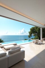 Fototapeta premium Coastal Villa Infinity Pool: Luxury oceanfront villa with an infinity pool, showcasing breathtaking panoramic views. Modern architecture and serene design create an idyllic escape. 