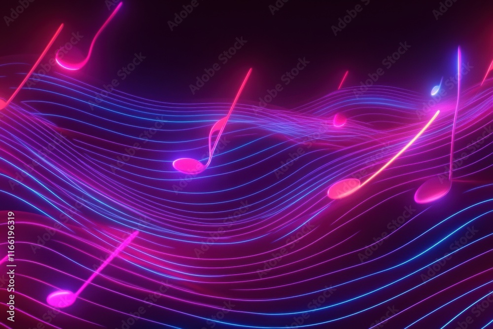 Fototapete Flowing musical staff lines illuminated with vibrant neon colors create a dynamic visual representation of harmony and rhythm. Generative AI