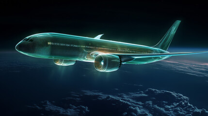 Hologram plane. Holographic projection single-engine aircraft. Flickering energy flux of particles. The scientific design of the aircraft.