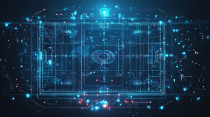 Obraz premium Hologram game plan. The game plan consists of polygons, triangles of points and lines. The diagram drawn on the football field is a low-poly compound structure. Technology concept vector.