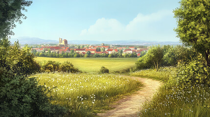 Summer landscape with fields and city buildings on skyline. Vector cartoon illustration of nature panorama with green bushes, farm lands, path and town on horizon