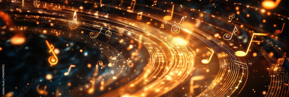 Aufkleber 3d music notes swirl in vibrant gold colors over a sparkling background highlighting musical creativ