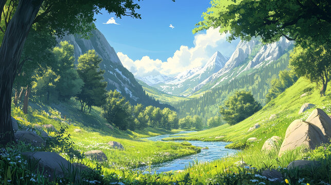 Summer landscape with forest, river and mountains on background. Vector parallax background for 2d animation with cartoon illustration of woods with trees, lianas, green grass, stones and brook