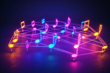 Obraz premium Colorful 3D musical notes illuminated in vibrant lights, creating a captivating visual display in dark surroundings. Generative AI