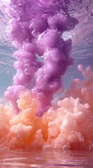 A hyperrealistic close-up of vibrant colored dyes slowly being poured into clear water