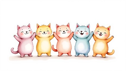 Naklejka premium Five Cheerful Cats: A watercolor illustration of five adorable kittens, each in a different pastel color, standing in a line and raising their paws in a playful, cheerful greeting. 