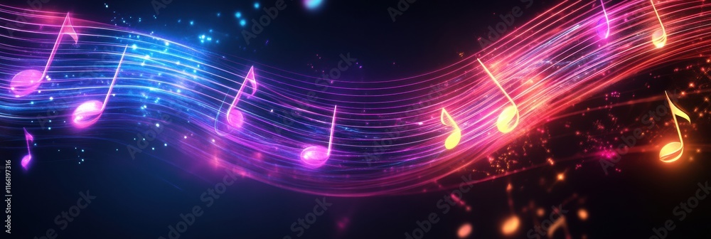 Poster colorful flowing musical staff lines with glowing neon tones create a vibrant atmosphere for sound a