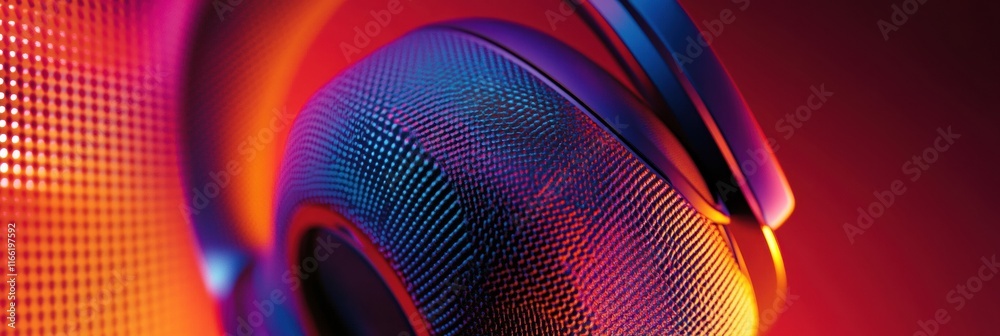 Poster close up view of modern headphones showcasing vibrant colors and detailed texture against a rich bac