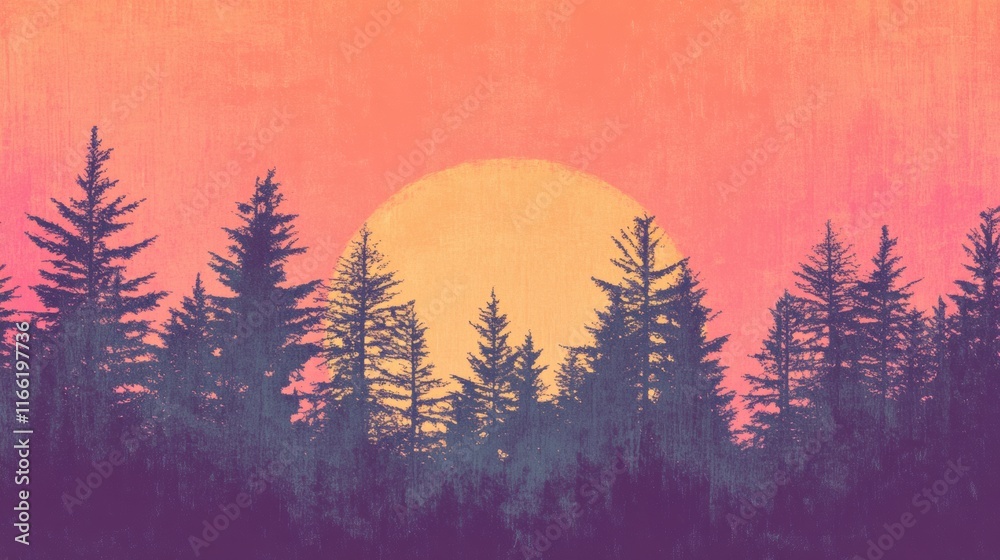 Aufkleber vibrant sunset over a forest silhouette captured in a retro risograph style with warm hues. generati