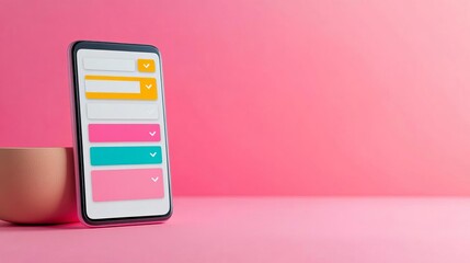 Minimalist mobile app showing task management with colorful labels, remote work app, organized and modern