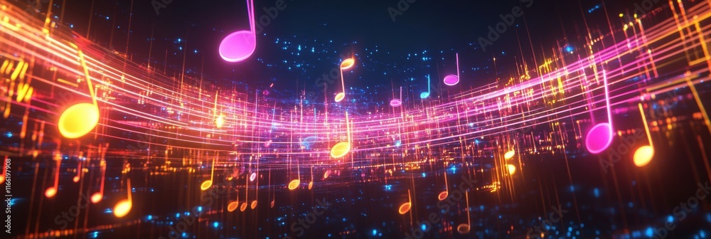 Fototapete flowing musical staff lines rendered in vibrant glowing neon tones create a dynamic visual experienc