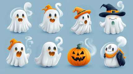 Fototapeta premium Cute ghost halloween vector illustration set. Happy funny character with pumpkin, hat and dracula costume. Isolated october holiday spooky mascot with emotion expression and smoke on dark background.