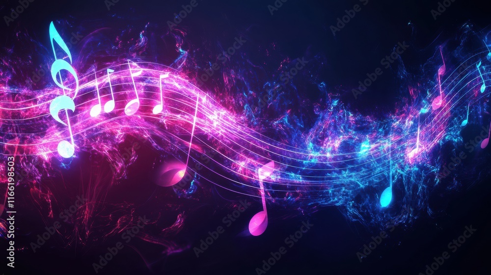 Aufkleber Dynamic 3D flowing musical staff lines combined with glowing neon tones in vibrant colors. Generative AI
