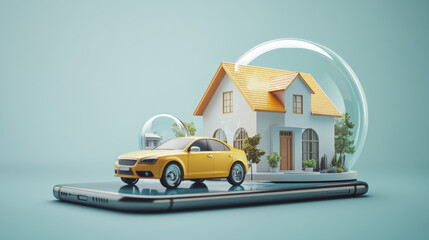 Insurance home, car and money banners for smartphone app. Vector presentation template for mobile phone with isometric house, auto and cash in protection glass dome
