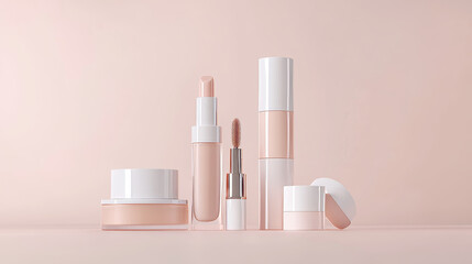 Makeup products 3d icon set. Realistic vector beauty and skin care cosmetic - tonal in tube container, concealer, liquid lipstick or lip gloss package, mascara brush and highlighter or creme stick.