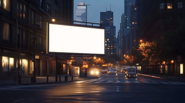 Outdoor street big billboard mockup with white empty screen and lamp light. Realistic vector 3d illustration set of front and angle view on urban blank horizontal commercial lightbox template.