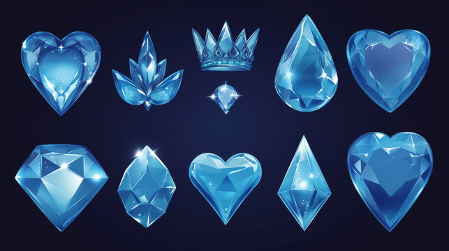 Game icons of diamond crystals in abstract, star, heart, and crown shape. Vector cartoon set of blue shiny gems or stones of glass, ice or rhinestone isolated on background
