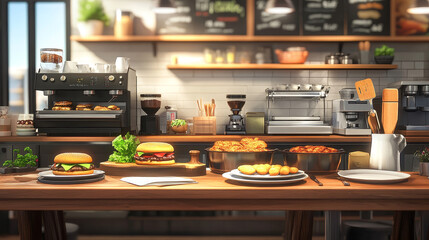 Fototapeta premium Fast food cafe interior, wooden desk top view with ingredients and cooking supplies. Coffee machine, burgers on tray, oven with pans and cutlets, plates, cutting board, Cartoon vector illustration