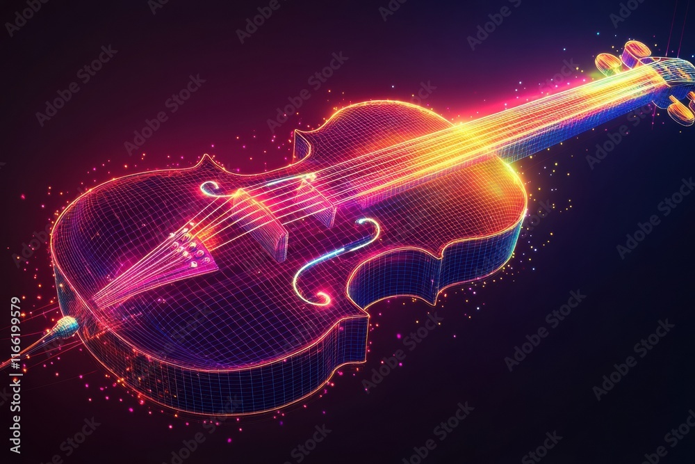 Aufkleber Vibrant 3D violin with glowing strings set against a dark backdrop showcasing musical elegance. Generative AI