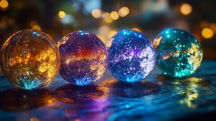 Set of magic crystal balls png isolated on transparent background. Cartoon vector illustration of fortuneteller spheres, witch energy glass globes with different effects glowing with neon colors