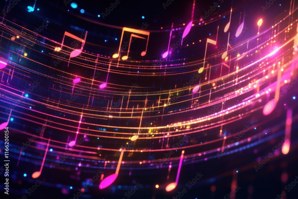 Aufkleber colorful glowing musical staff lines flowing dynamically in a vibrant neon display. generative ai