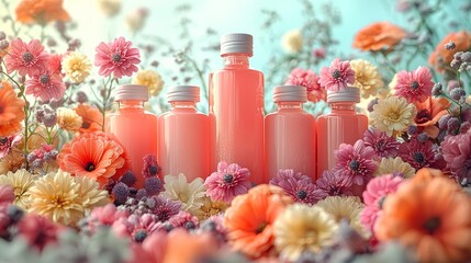 Beauty products and flowers in vibrant composition