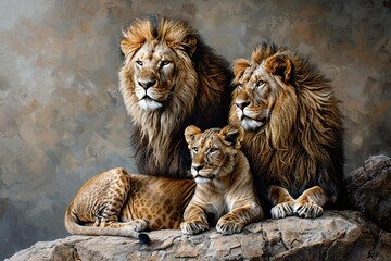 Fototapeta premium idea for a painting-Majestic lion family in grayscale, symbolizing unity and strength.