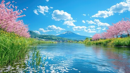 Scenic view of a river with cherry blossoms and mountains.