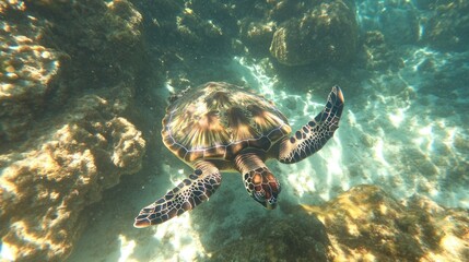 Obraz premium Underwater scene featuring a swimming turtle.