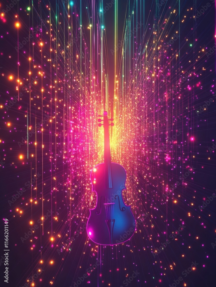 Poster vibrant 3d representation of a violin surrounded by colorful light streaks and glowing particles in 