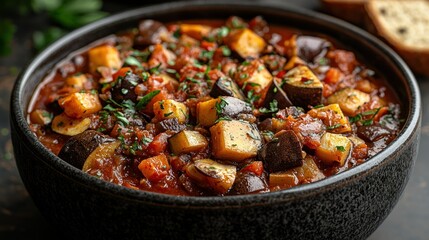 A hearty vegetable stew in a black bowl.