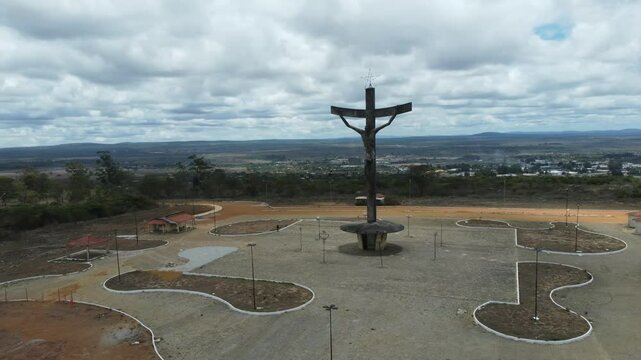 vitoria da conquista, bahia, brazil - march 23, 2023: aerial view of the sculpture of christ by artist mario cravo in the city of vit&oacute;ria da conquista.