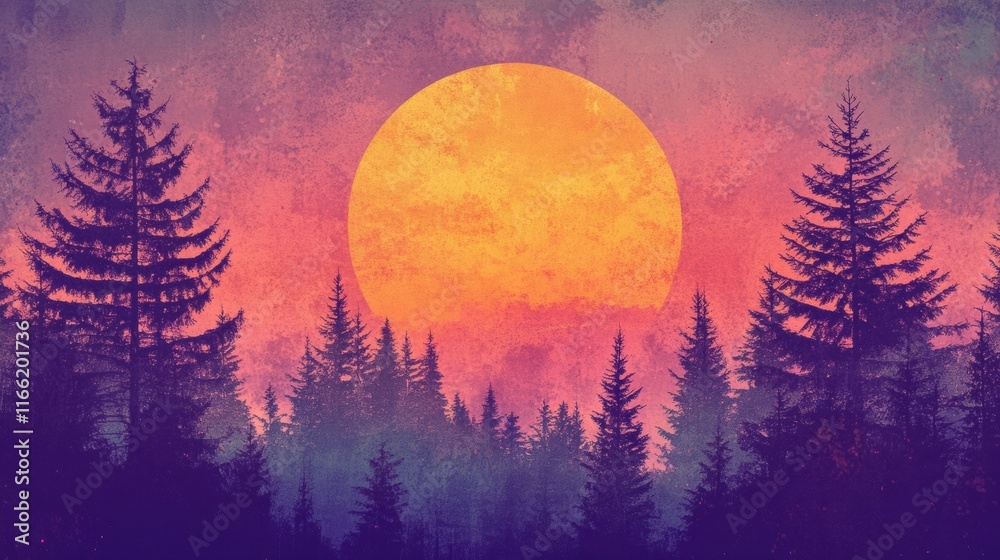 Aufkleber vivid sunset over a dense forest with a retro risograph inspired style showcasing vibrant colors. ge