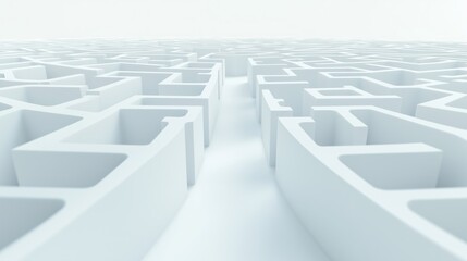 Abstract white maze design. Intricate 3D rendering. Complex geometric pattern. Winding path. Minimalist design. Complex structure. Abstract art. Future tech. Problem solving. Mental challenge.