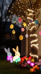 Vibrant Easter Garden Scene with Illuminated Easter Eggs, Glowing Bunnies, Colorful Tulips, and Sparkling Tree Lights for Perfect Holiday Decoration