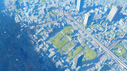 Aerial view of a vibrant cityscape with green parks and urban structures.