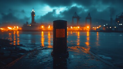 Night scene with reflections on a city pier
