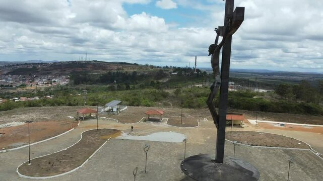 vitoria da conquista, bahia, brazil - march 23, 2023: aerial view of the sculpture of christ by artist mario cravo in the city of vit&oacute;ria da conquista.